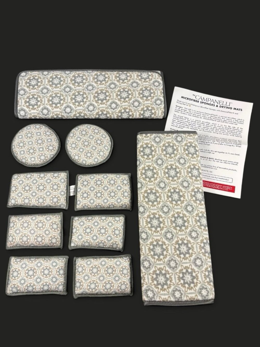 Campanelli 10 Pcs Diamond Fiber Scrubbing Sponge Cleaning Set w Drying Mats NEW